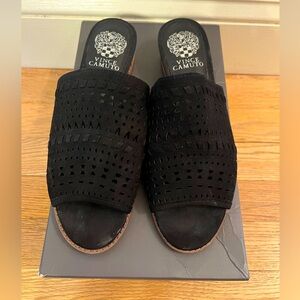 Vince Camuto black nubuck wedges.